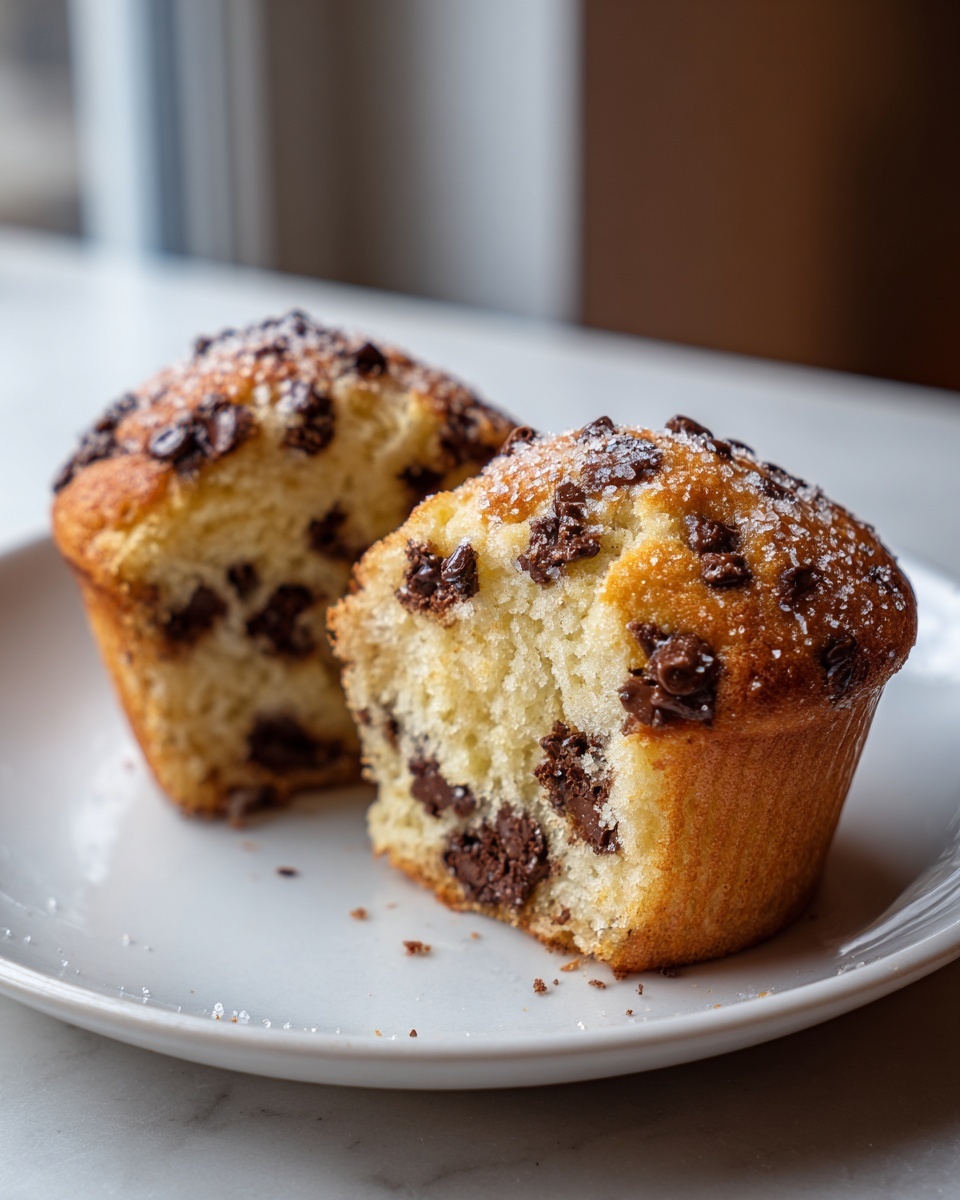 Two delicious chocolate chip muffins on a plate, one broken open to show the soft interior.