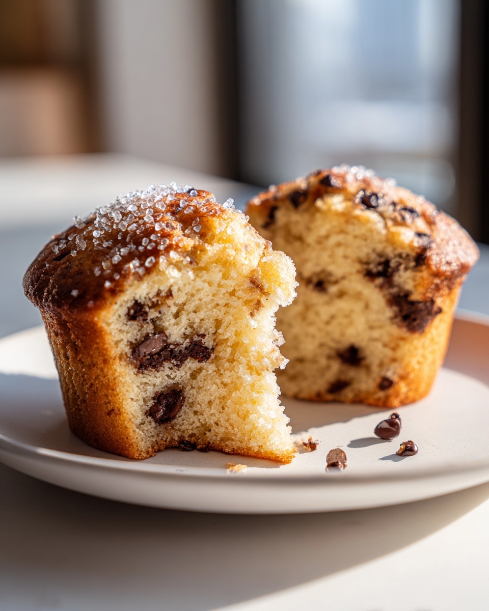 Close-up of a chocolate chip muffin cut in half showing moist interior and sugar topping.