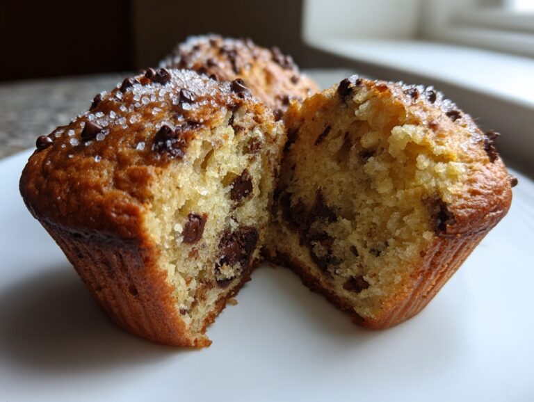 A chocolate chip muffin cut in half showing the moist crumb and abundant chocolate chips inside, topped with coarse sugar.