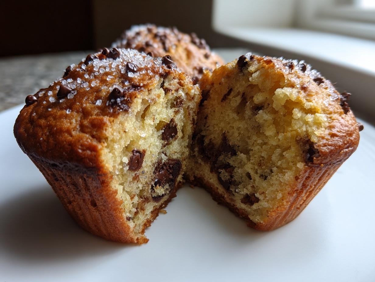 A chocolate chip muffin cut in half showing the moist crumb and abundant chocolate chips inside, topped with coarse sugar.