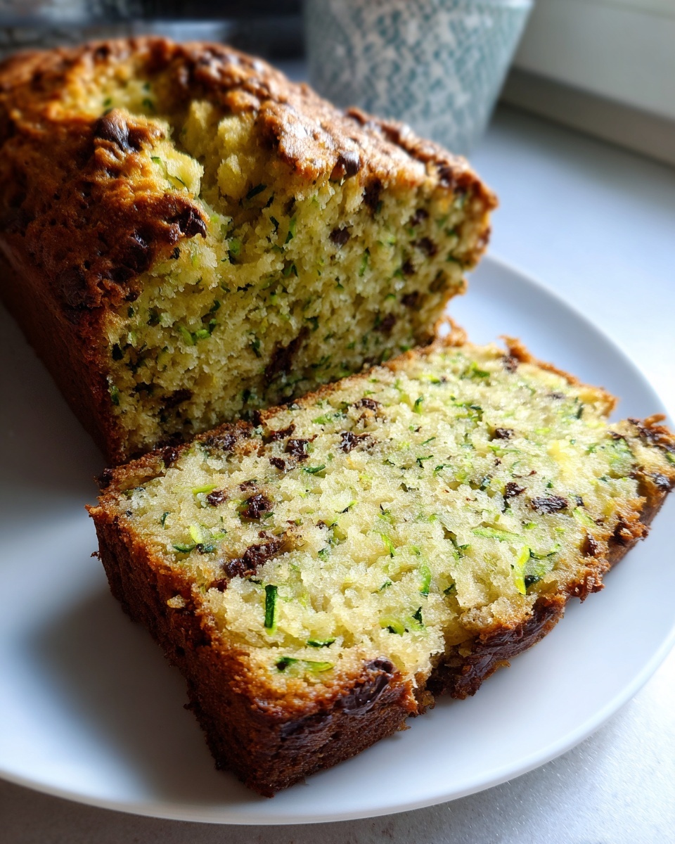 A close-up of a freshly baked chocolate chip zucchini bread loaf with one slice cut and resting against it.
