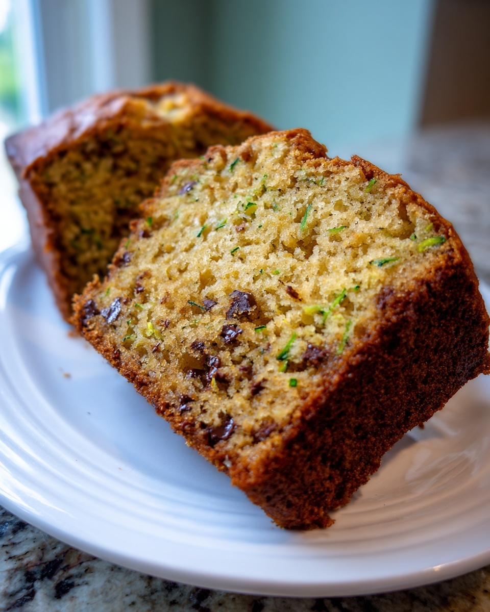 Close-up of a thick slice of moist zucchini bread with visible chocolate chips and shredded zucchini.