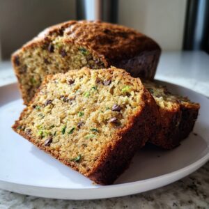 Close-up of sliced, moist chocolate chip zucchini bread showing green shreds of zucchini and dark chocolate chips.