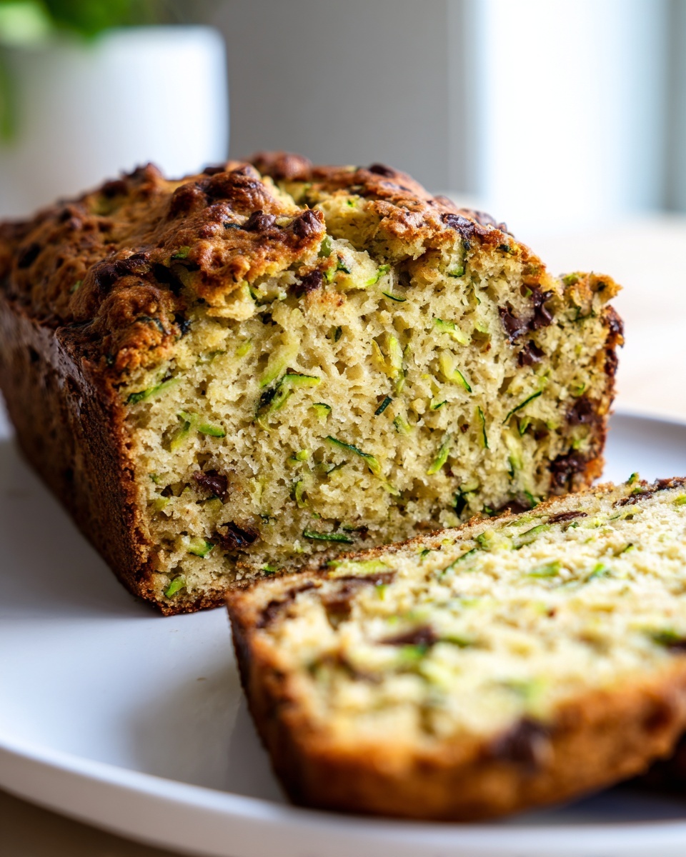Close-up of a moist chocolate chip zucchini bread loaf with one slice cut and resting in front.
