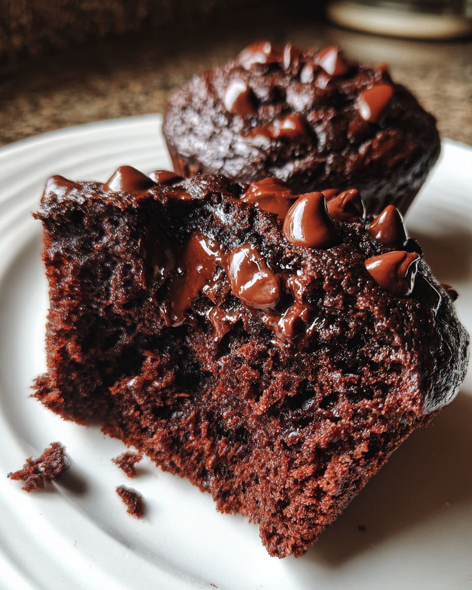 Close-up of a moist chocolate muffins half, showing the rich crumb and melted chocolate chips on top.