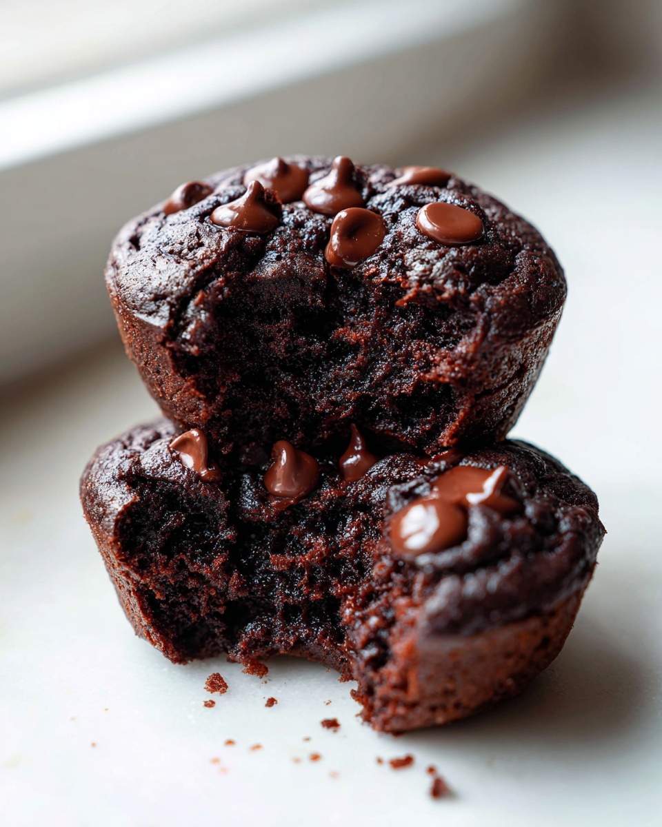 Two stacked, rich, dark chocolate muffins, one with a bite taken out, topped with chocolate chips.