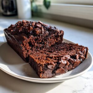 A rich, dark chocolate zucchini bread loaf sliced on a white plate, topped with melted chocolate chips.