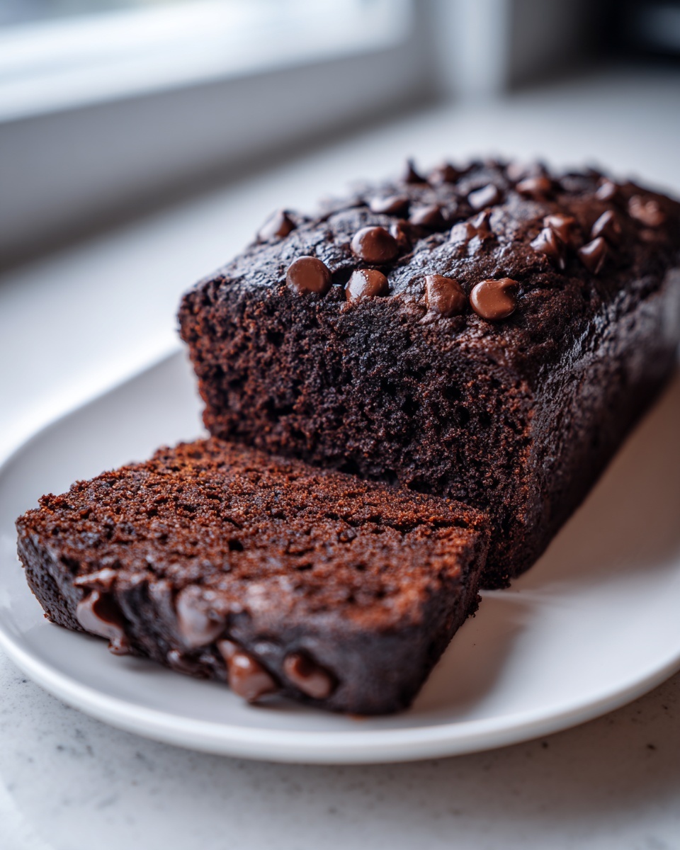 A rich, dark chocolate zucchini bread loaf with one slice cut, topped with melted chocolate chips.
