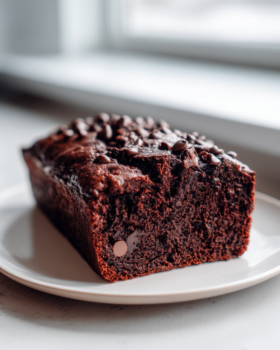 A dark, moist loaf of chocolate zucchini bread topped with chocolate chips, sitting on a white plate.