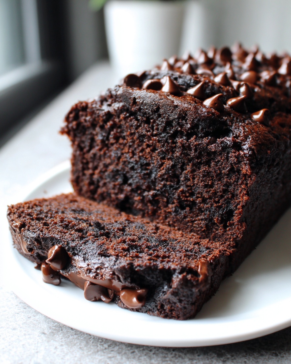 A close-up of moist chocolate zucchini bread, sliced, topped with melted chocolate chips.