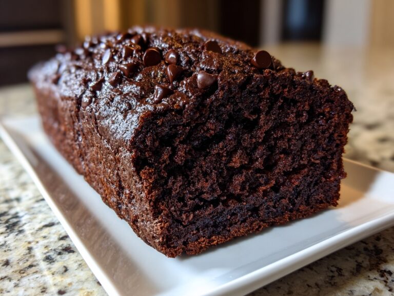 A close-up of a dark, moist chocolate zucchini bread loaf topped with melted chocolate chips.