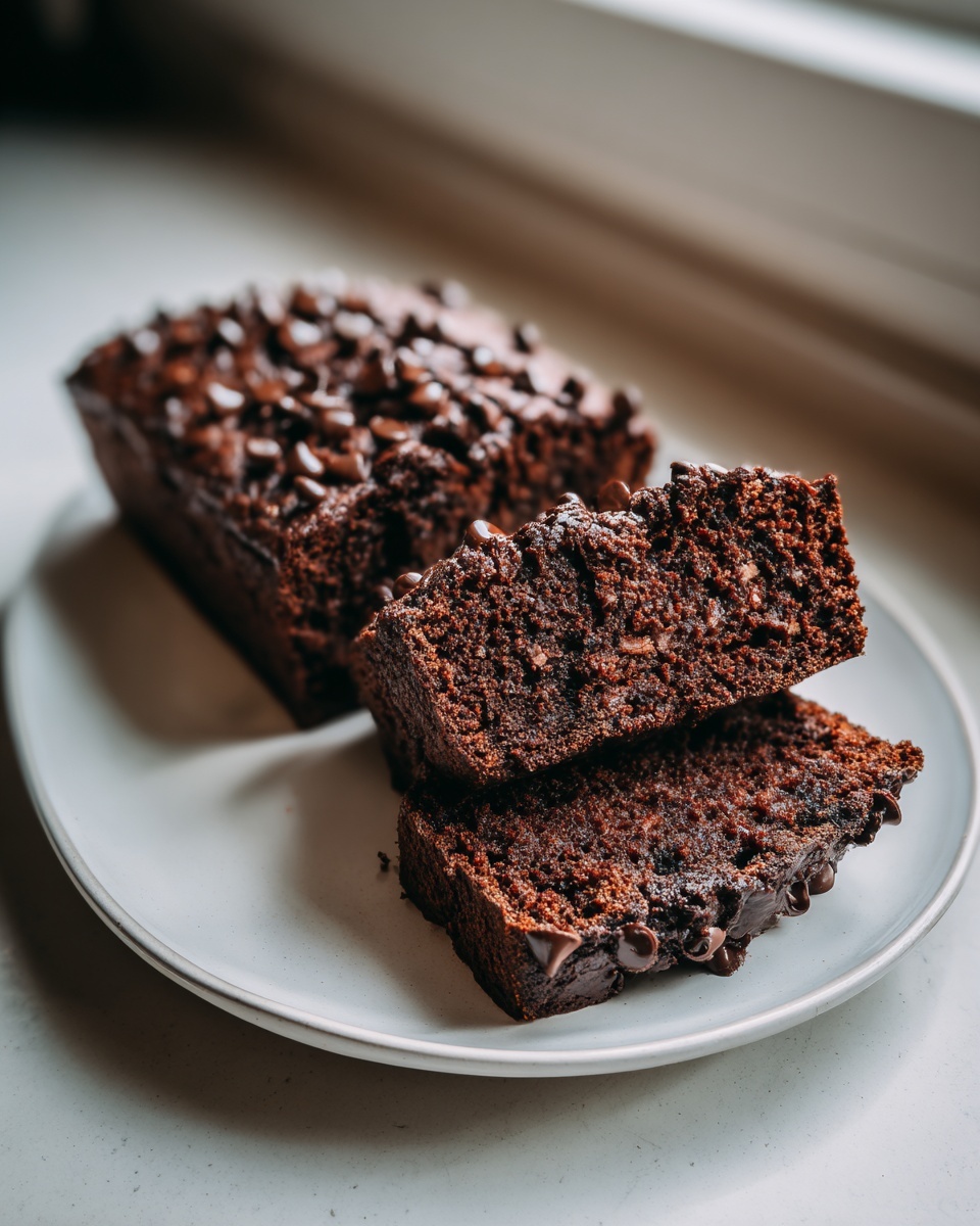 Two thick slices of rich chocolate zucchini bread stacked on a plate, topped with chocolate chips.