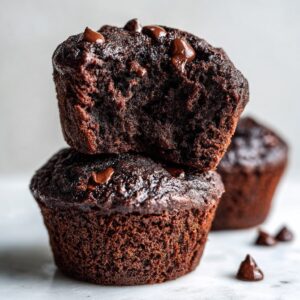 Close-up of two moist chocolate zucchini muffins stacked, one broken open to show the texture, topped with chocolate chips.