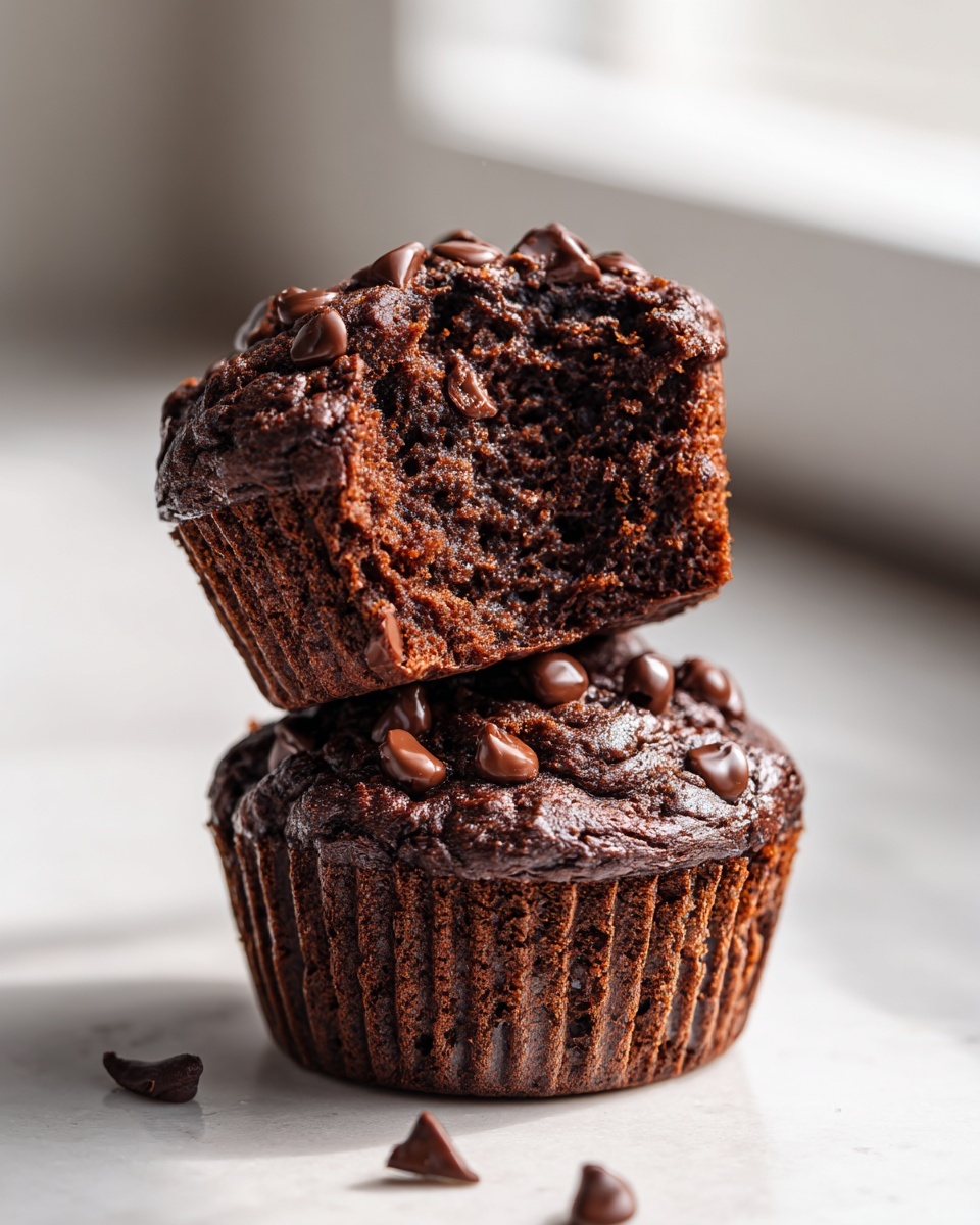 Two rich, dark chocolate zucchini muffins stacked, with the top one broken open showing the moist interior and chocolate chips.