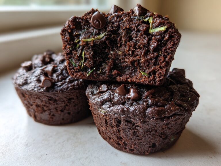 Close-up of three moist chocolate zucchini muffins stacked, showing the dark crumb and green zucchini shreds.