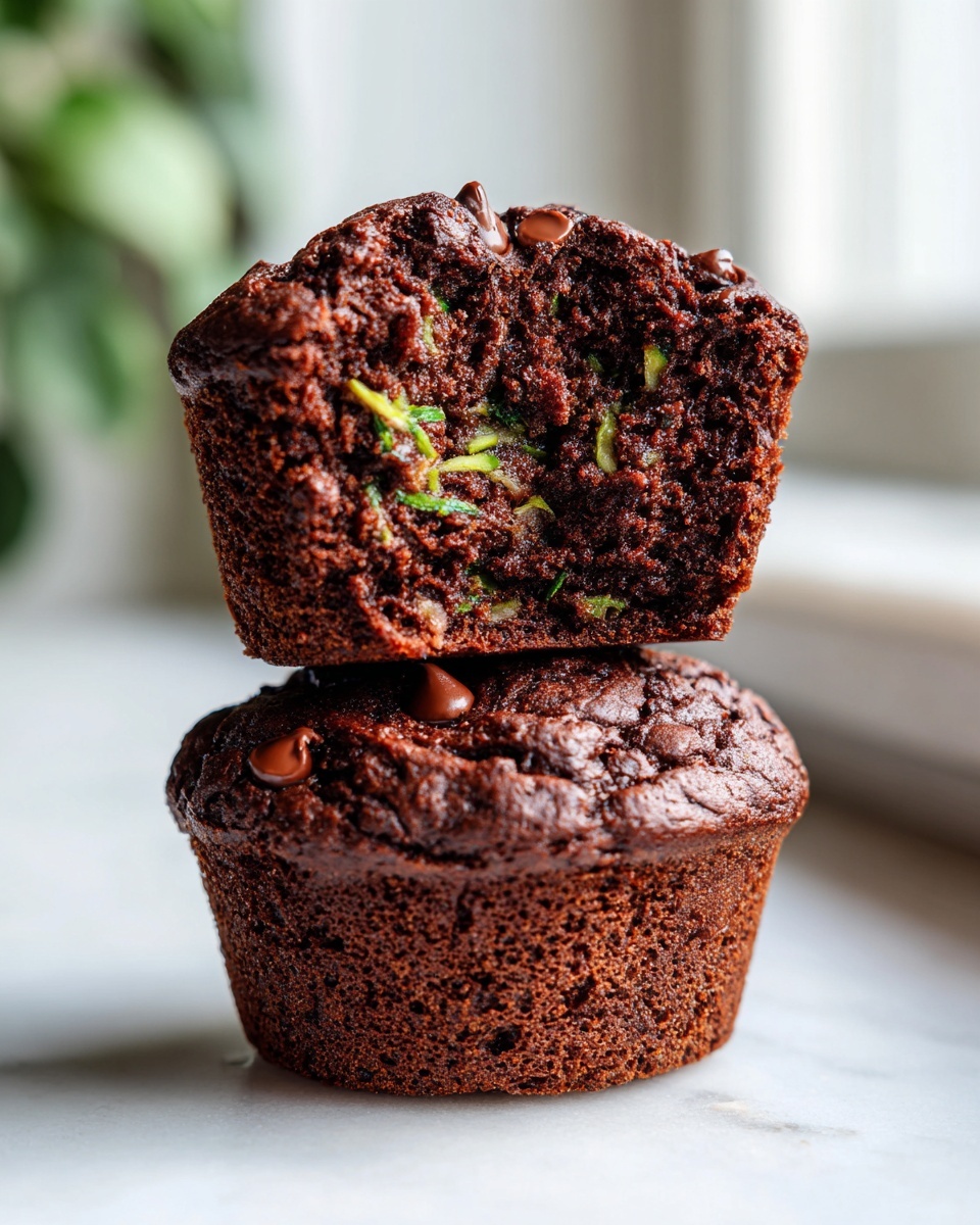 Two rich, dark chocolate zucchini muffins stacked, the top one cut in half showing moist texture and green zucchini shreds.