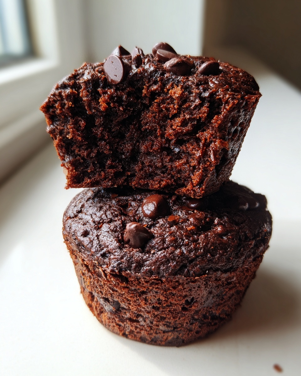 Close-up of moist chocolate zucchini muffins stacked, with the top one cut open to show the rich, dark crumb.