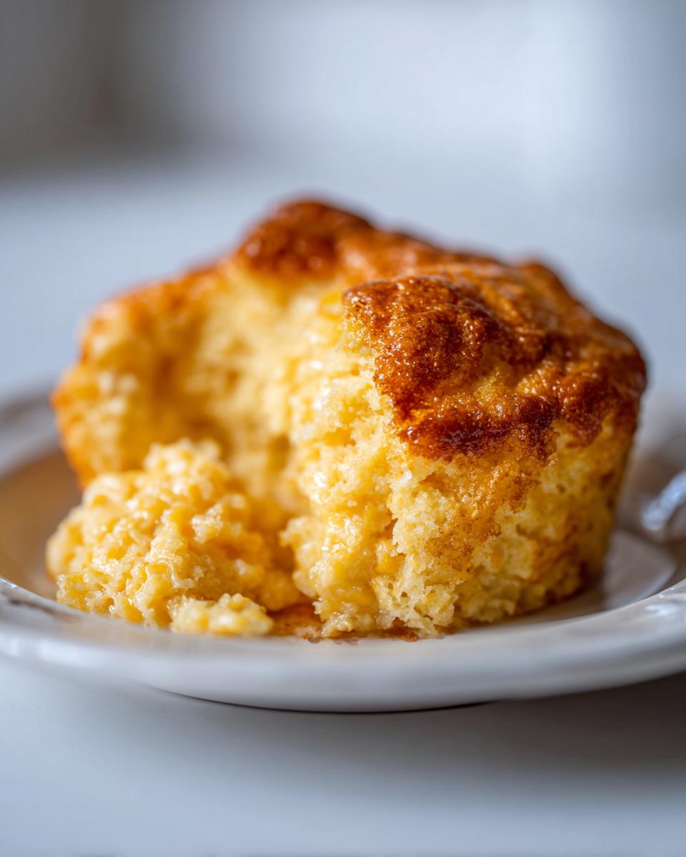 Close-up of a serving of moist, golden corn pudding custard with a caramelized top.