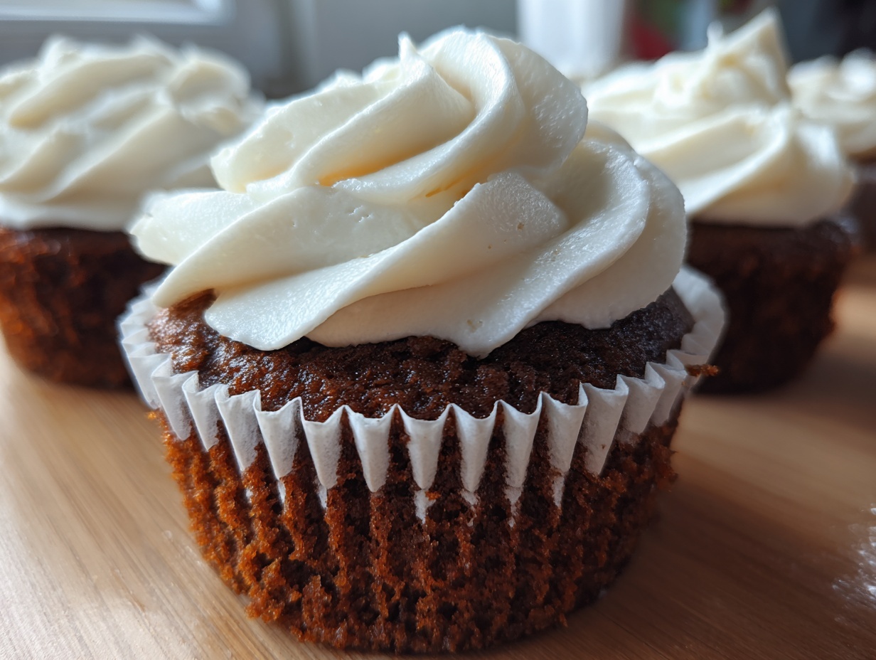 Close-up of a moist gingerbread cupcake topped with a swirl of white cream cheese frosting.