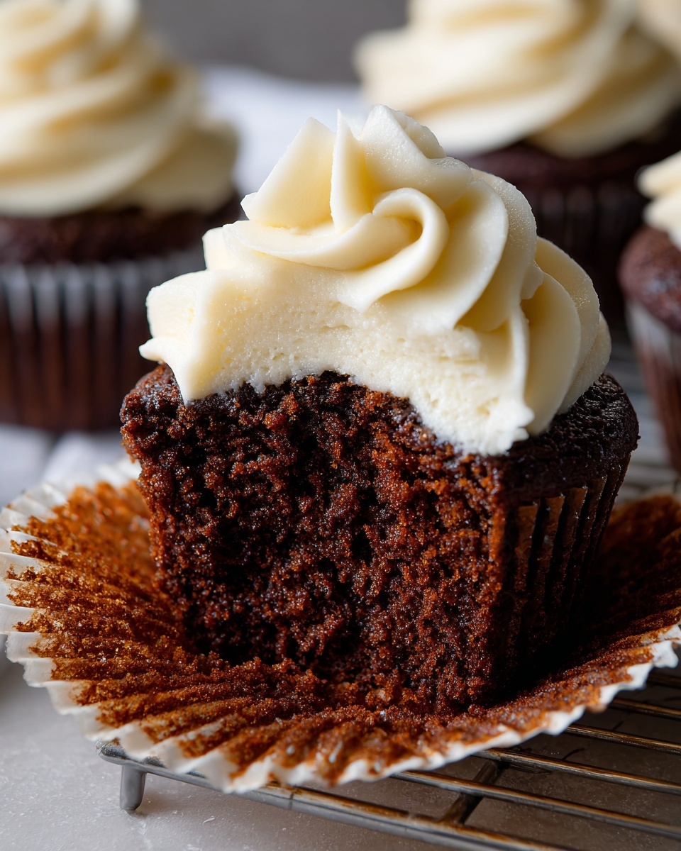 Close-up of a gingerbread cupcakes cut in half showing the moist dark crumb and thick cream cheese frosting.