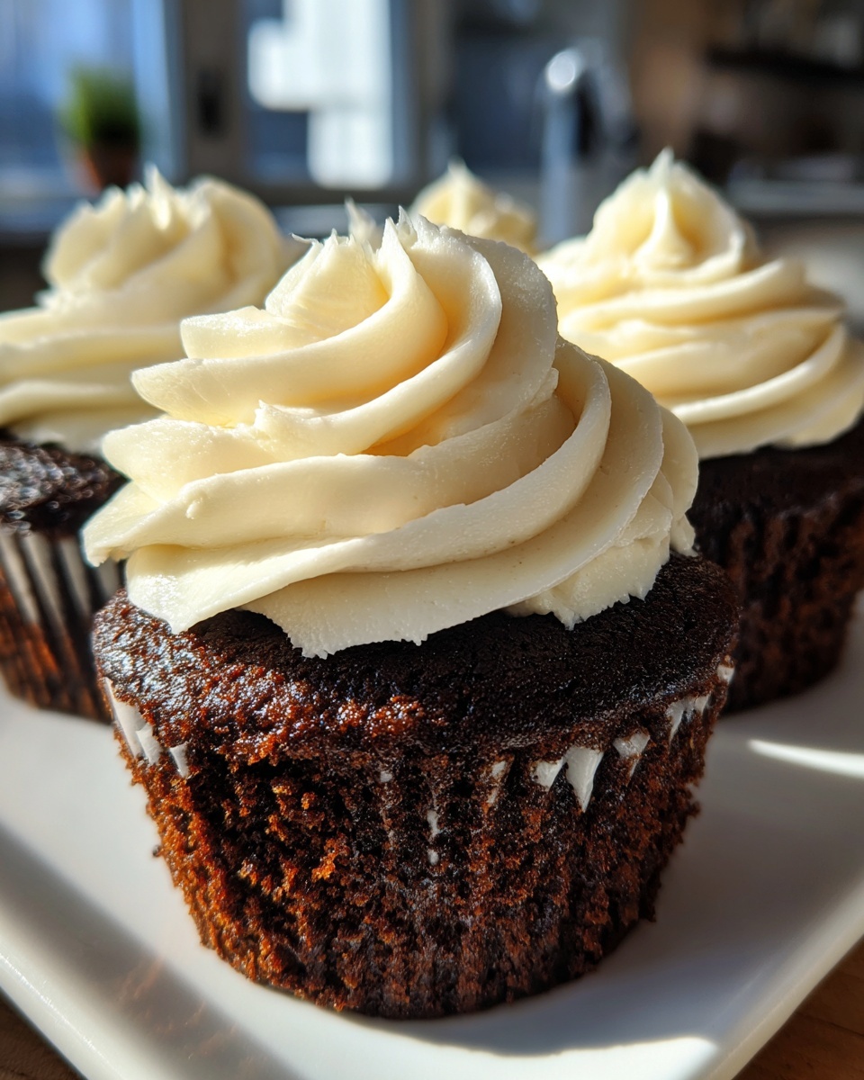 Close-up of moist gingerbread cupcakes topped with swirls of creamy white frosting.