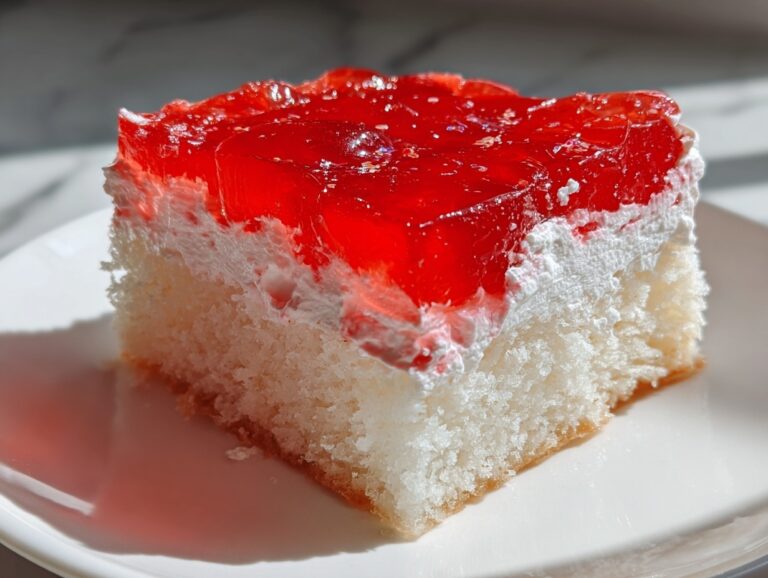 Close-up of a moist slice of jello poke cake featuring white cake, whipped topping, and bright red gelatin.
