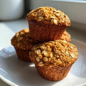 A stack of three golden brown, moist oatmeal muffins topped with visible rolled oats, sitting on a white plate.