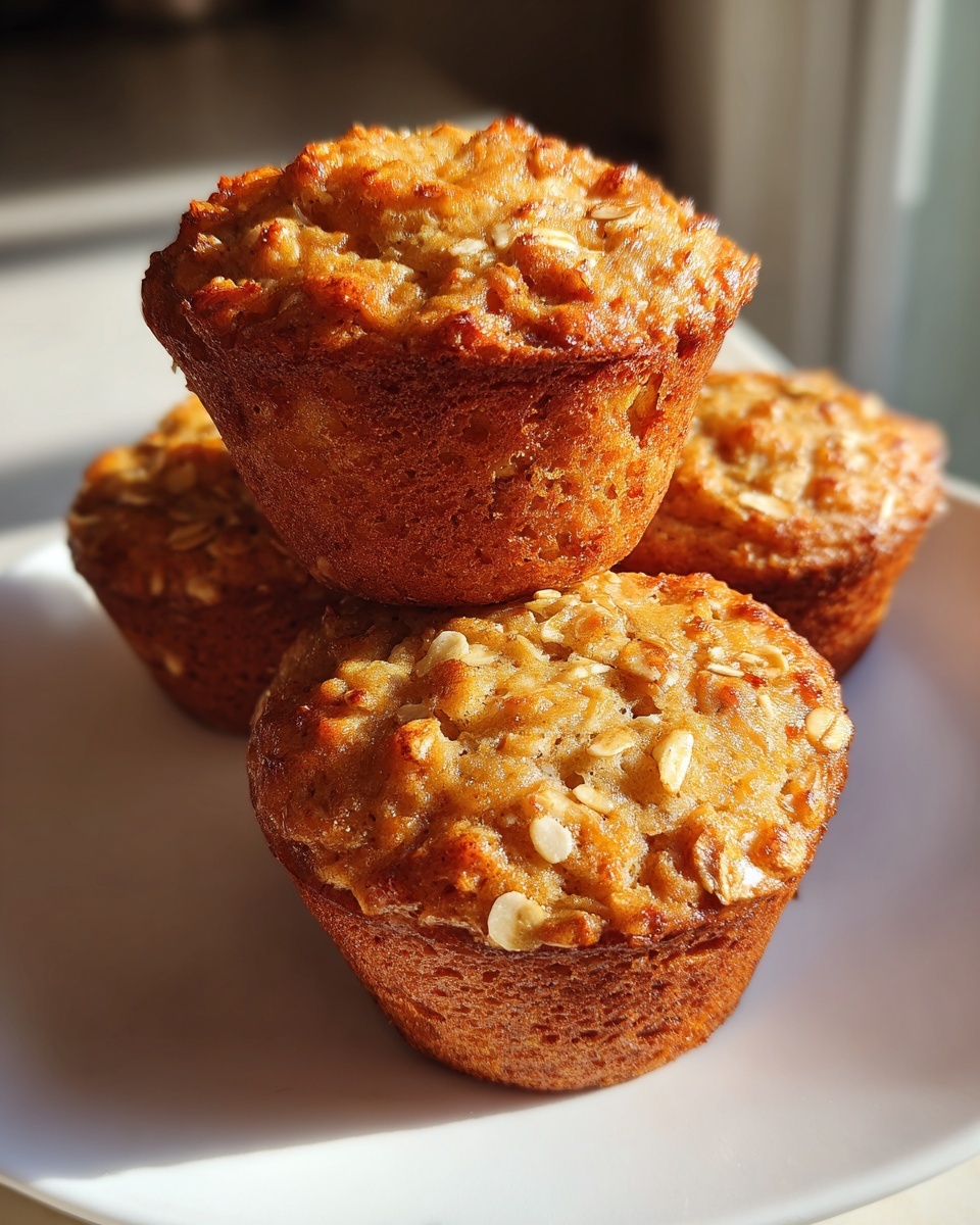 A stack of four golden brown, moist oatmeal muffins topped with visible rolled oats, sitting on a white plate.