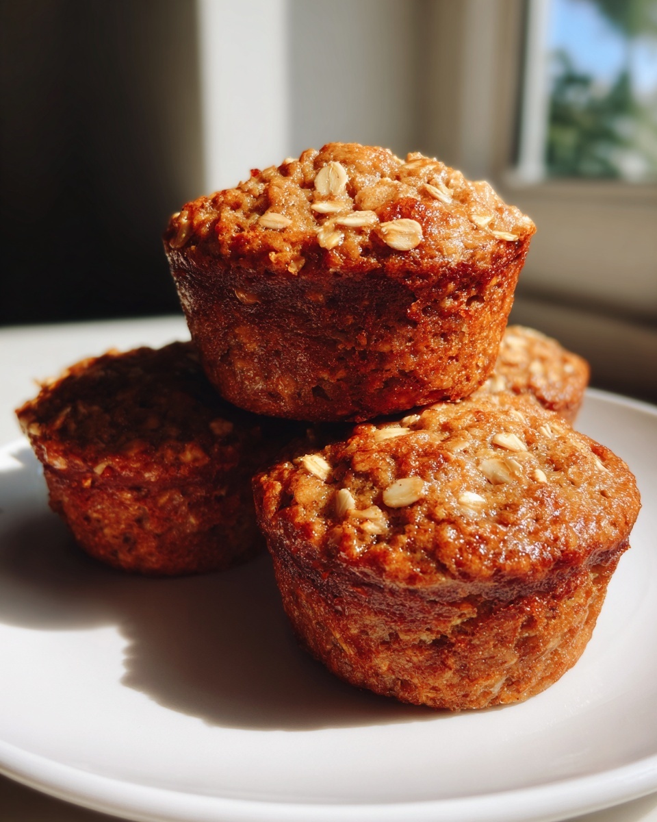 A stack of three golden brown, moist oatmeal muffins topped with visible rolled oats, sitting on a white plate.