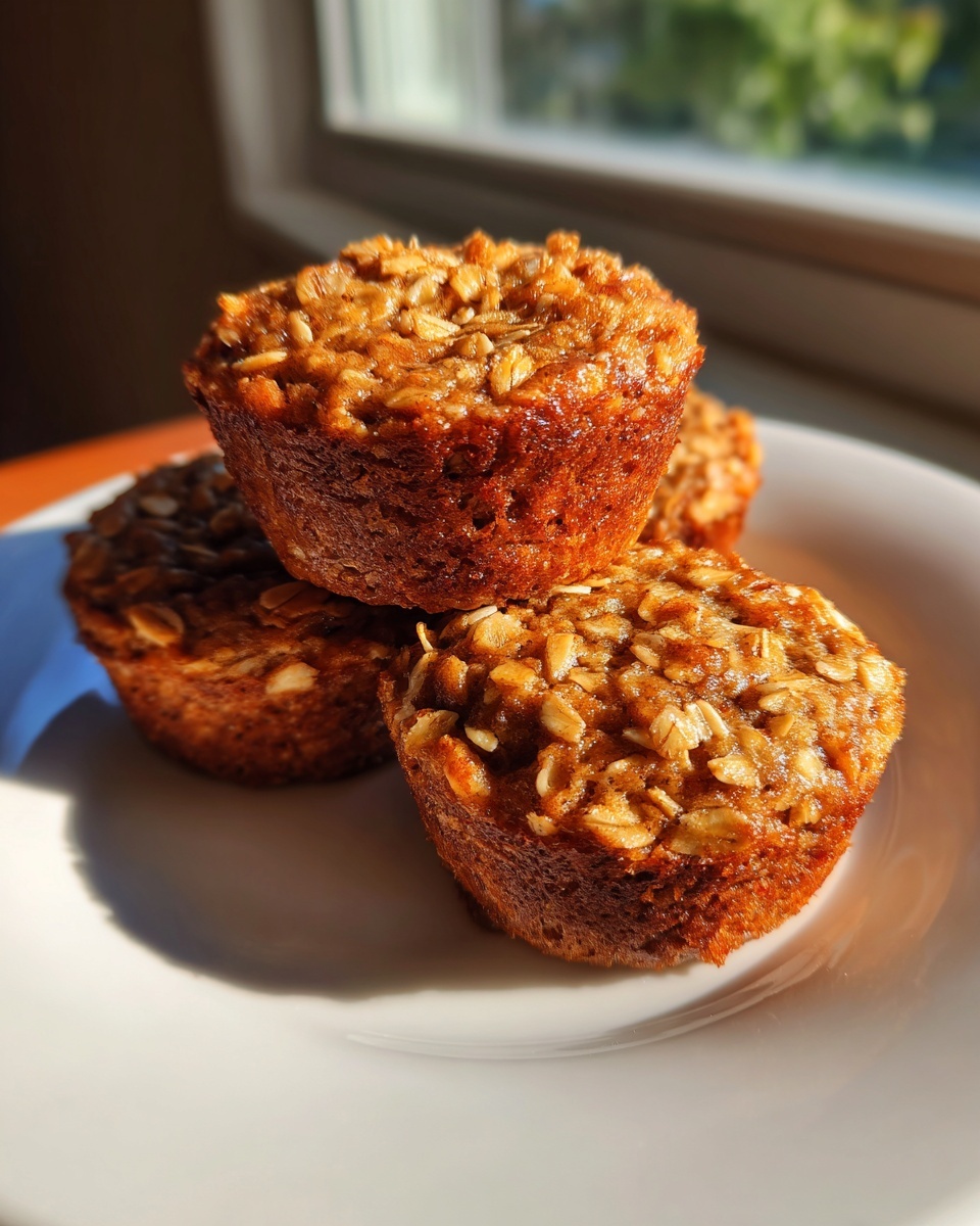 A stack of three golden brown oatmeal muffins topped with rolled oats, sitting on a white plate near a window.