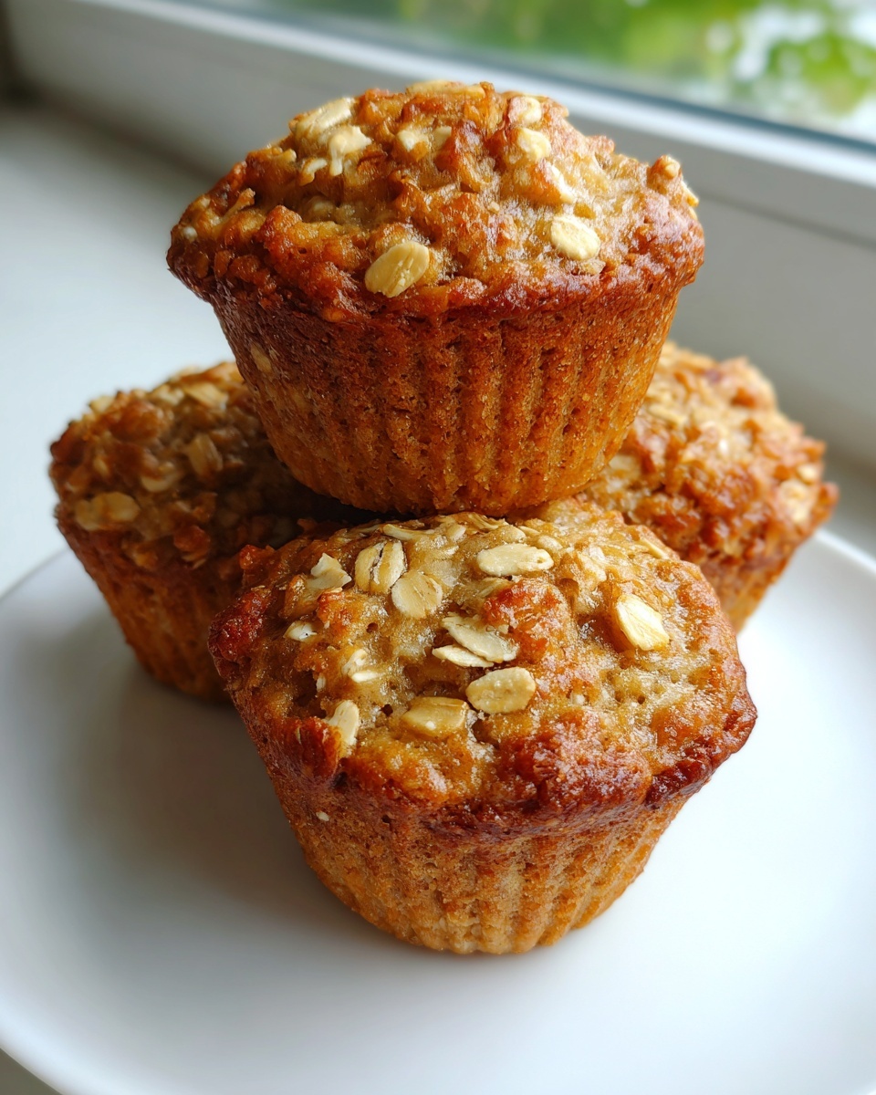 Three golden brown, moist oatmeal muffins stacked on a white plate near a window.