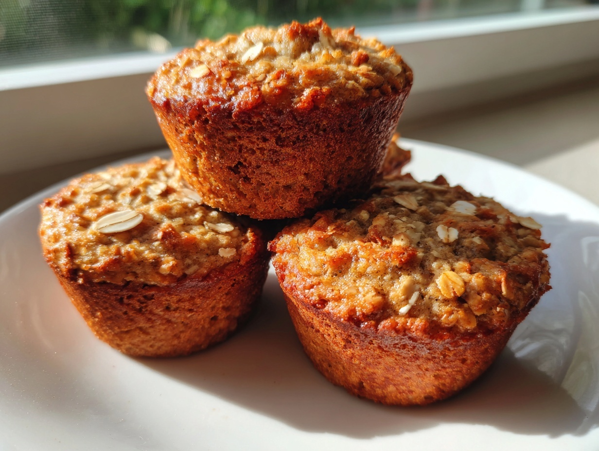 A stack of three golden brown, moist oatmeal muffins topped with visible rolled oats, sitting on a white plate.