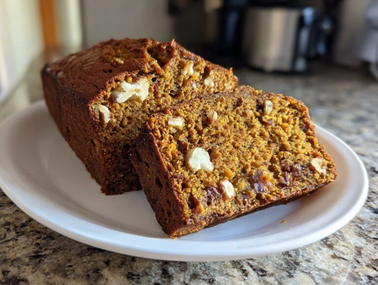 Close-up of a loaf of moist persimmon bread, with one thick slice cut and leaning against the main loaf, showing walnuts.