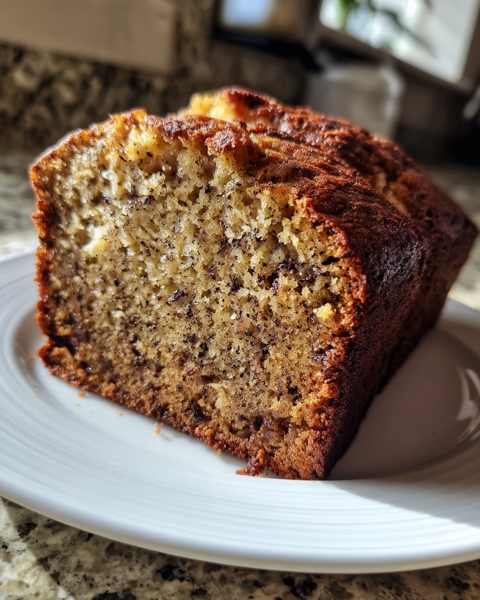 Close-up of a thick slice of moist banana bread recipe loaf showing dark banana specks and a rich brown crust.