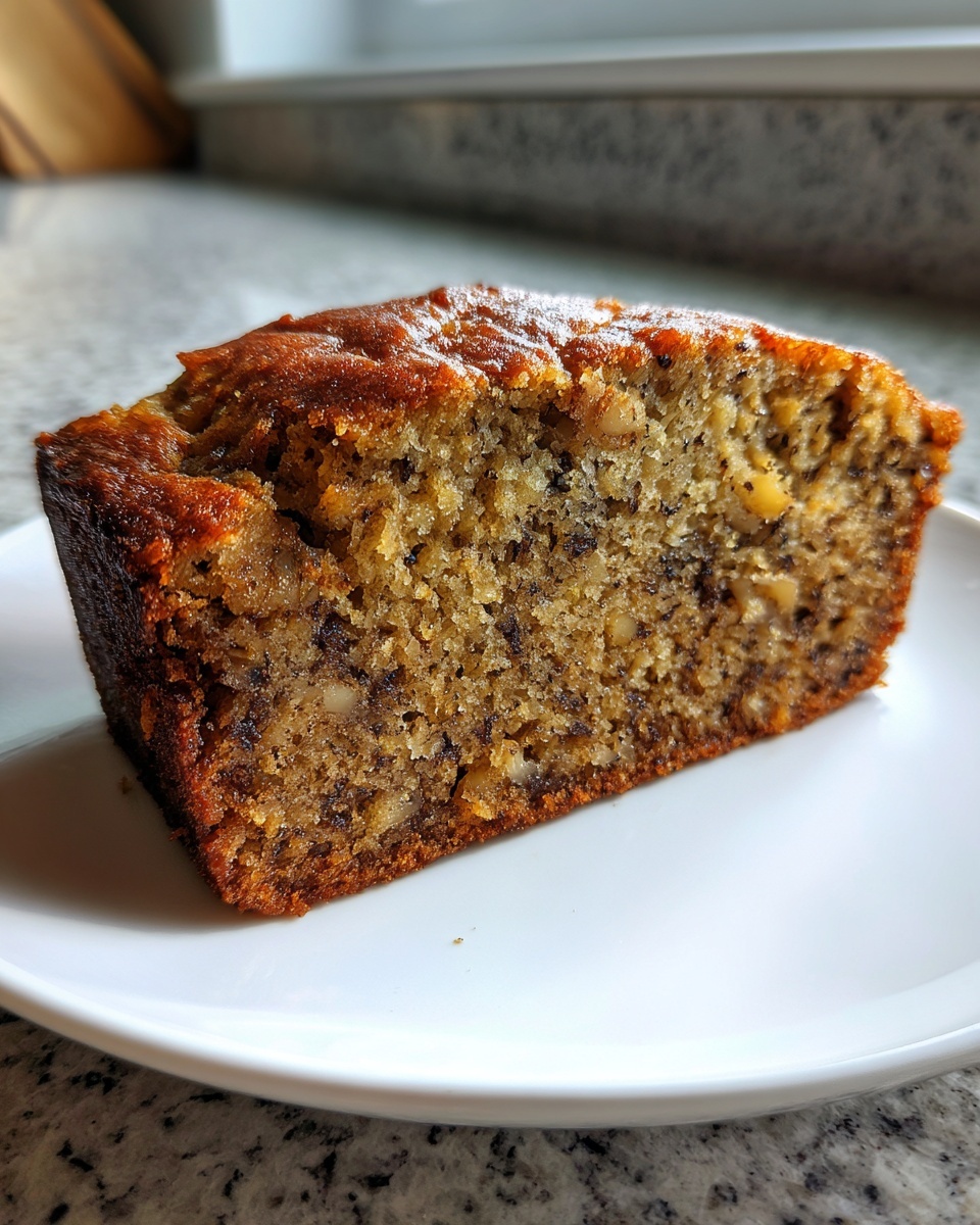 Close-up of a moist slice of banana bread recipe showing walnuts and dark banana flecks.