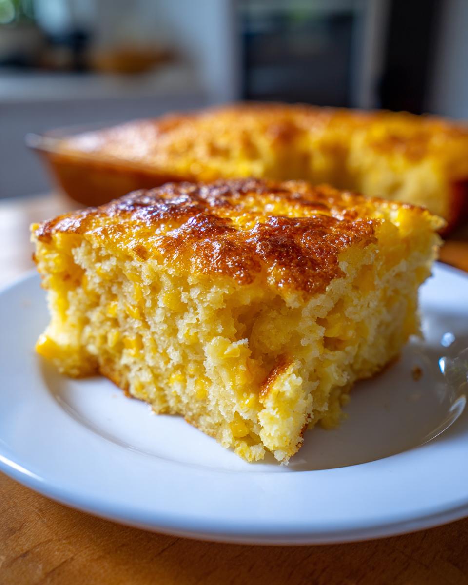 Close-up of a golden-brown slice of moist corn pudding custard on a white plate.
