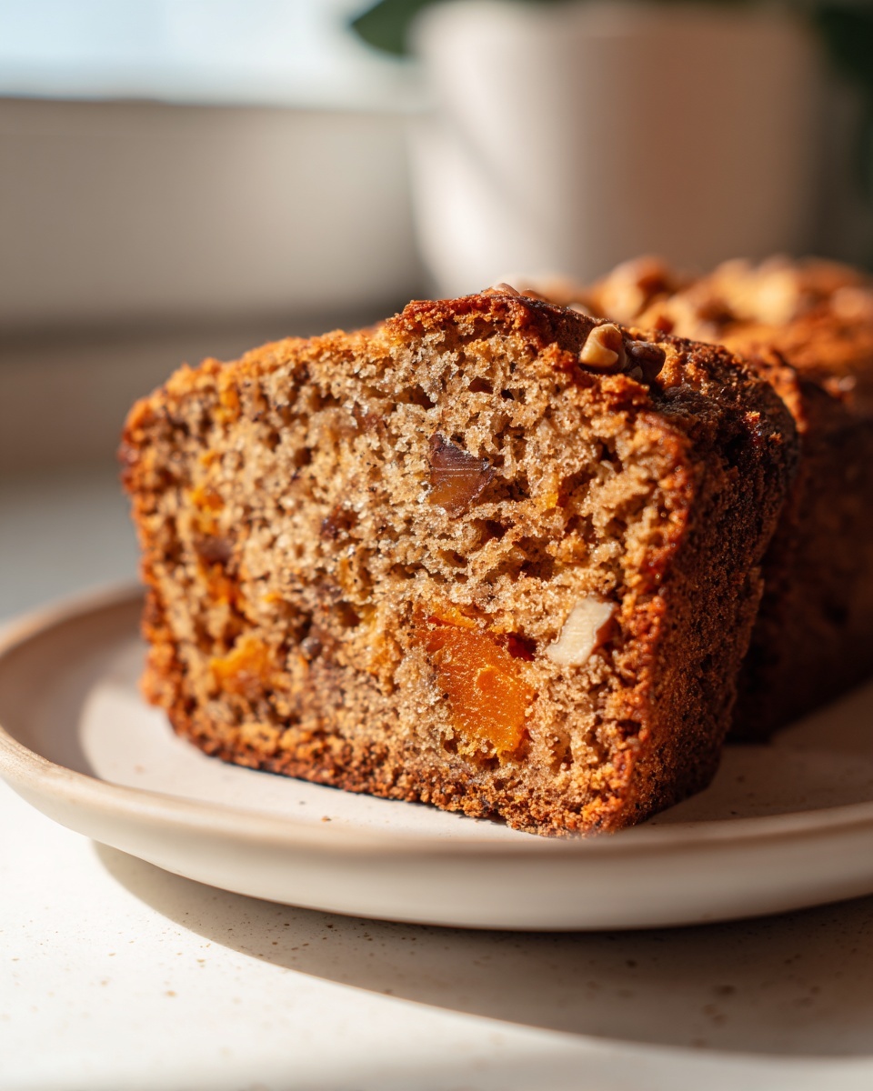 Close-up of a moist slice of persimmon bread showing its texture, dried fruit, and walnuts.