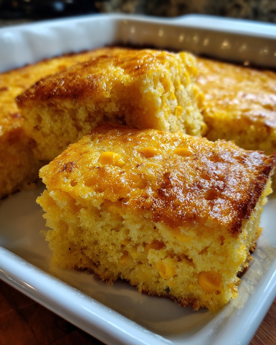 Close-up of moist, golden-brown slices of jiffy corn casserole served in a white baking dish.