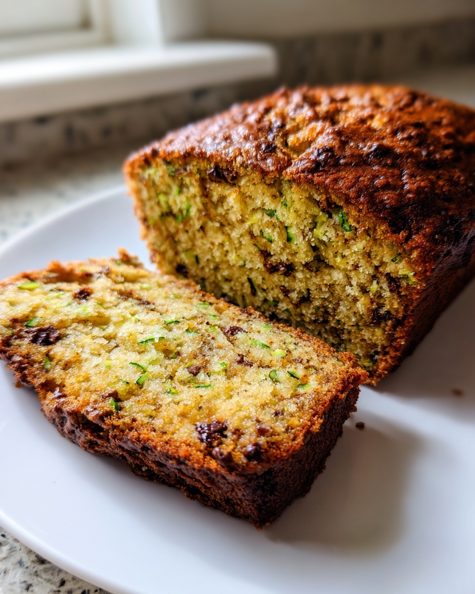 A close-up of a moist zucchini bread loaf with a slice cut, showing visible green zucchini shreds and chocolate chips.