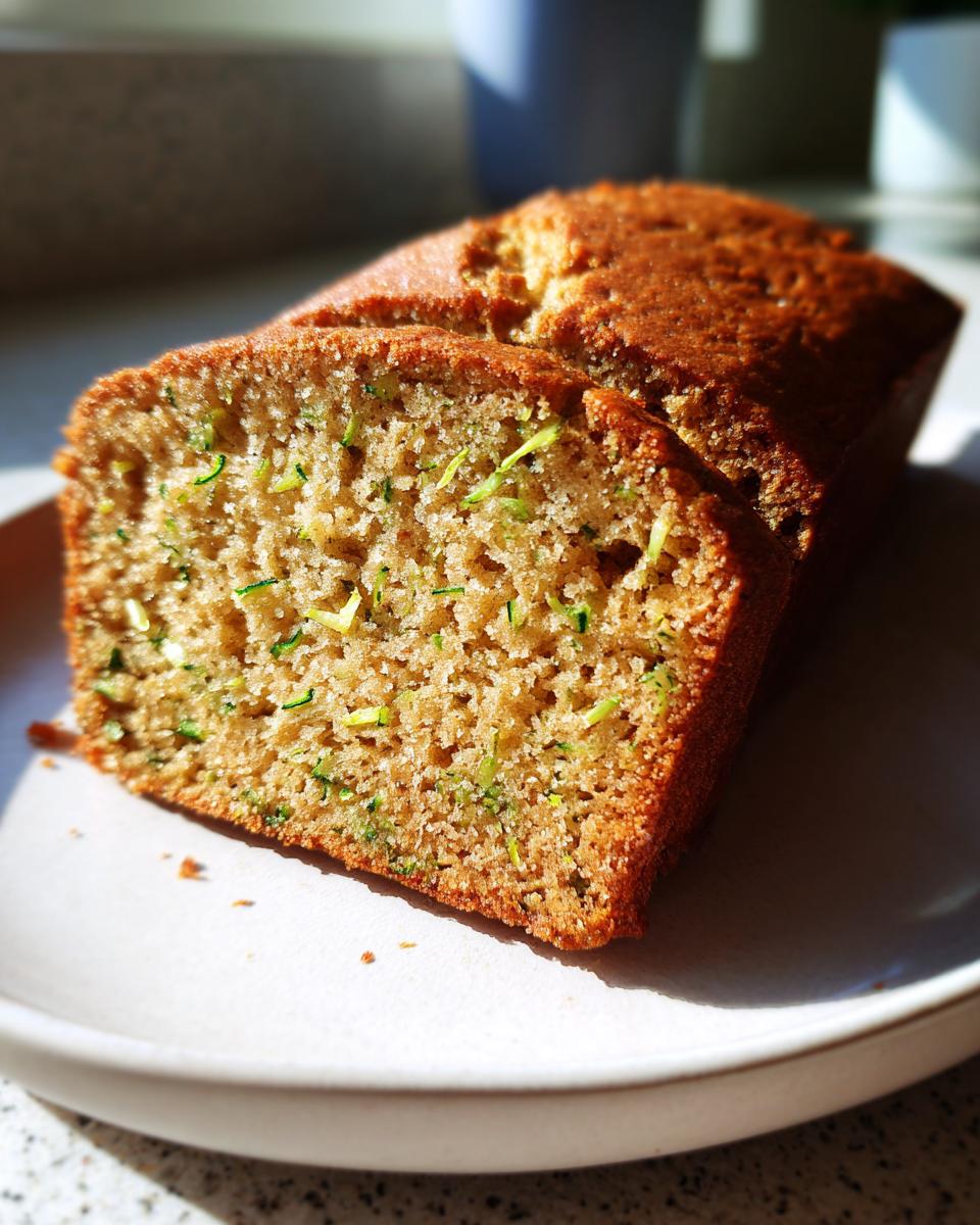 Close-up of a thick slice cut from a golden brown zucchini bread recipe loaf, showing moist texture and shredded green zucchini.