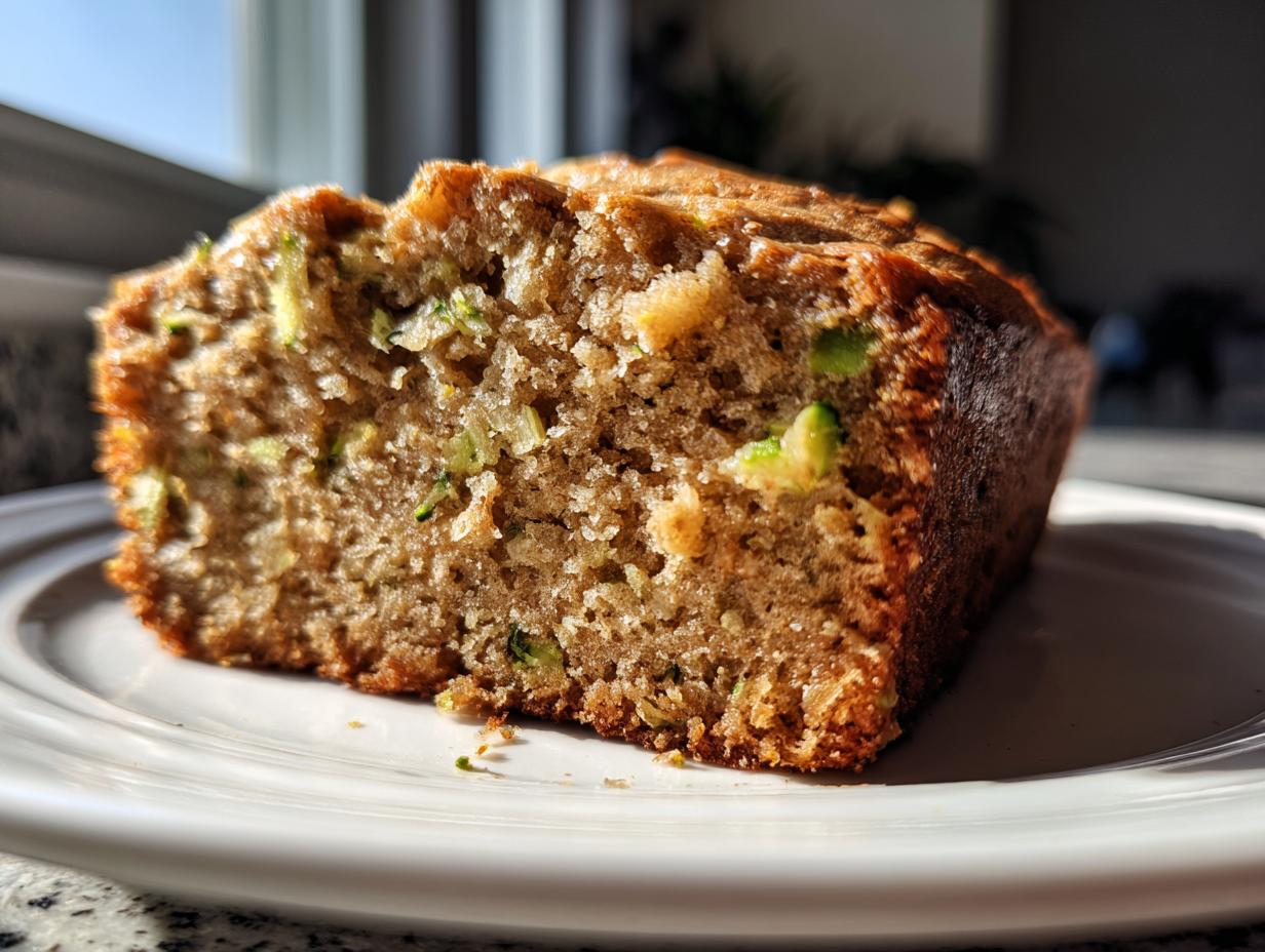 Close-up of a moist slice of zucchini bread recipe showing green shreds of zucchini baked into the brown crumb.