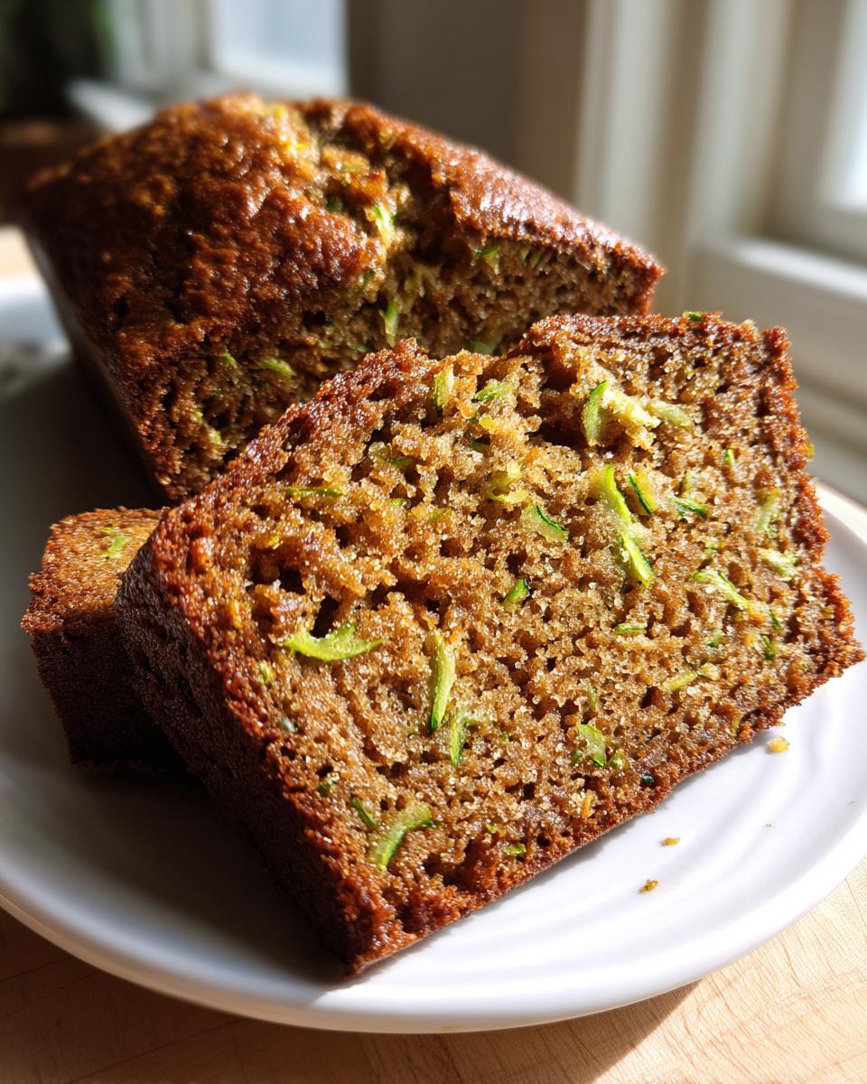 Close-up of two thick slices of moist zucchini bread recipe showing shredded green zucchini throughout the brown crumb.