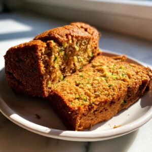Two moist slices of homemade zucchini bread recipe showing visible green shreds of zucchini throughout the crumb.