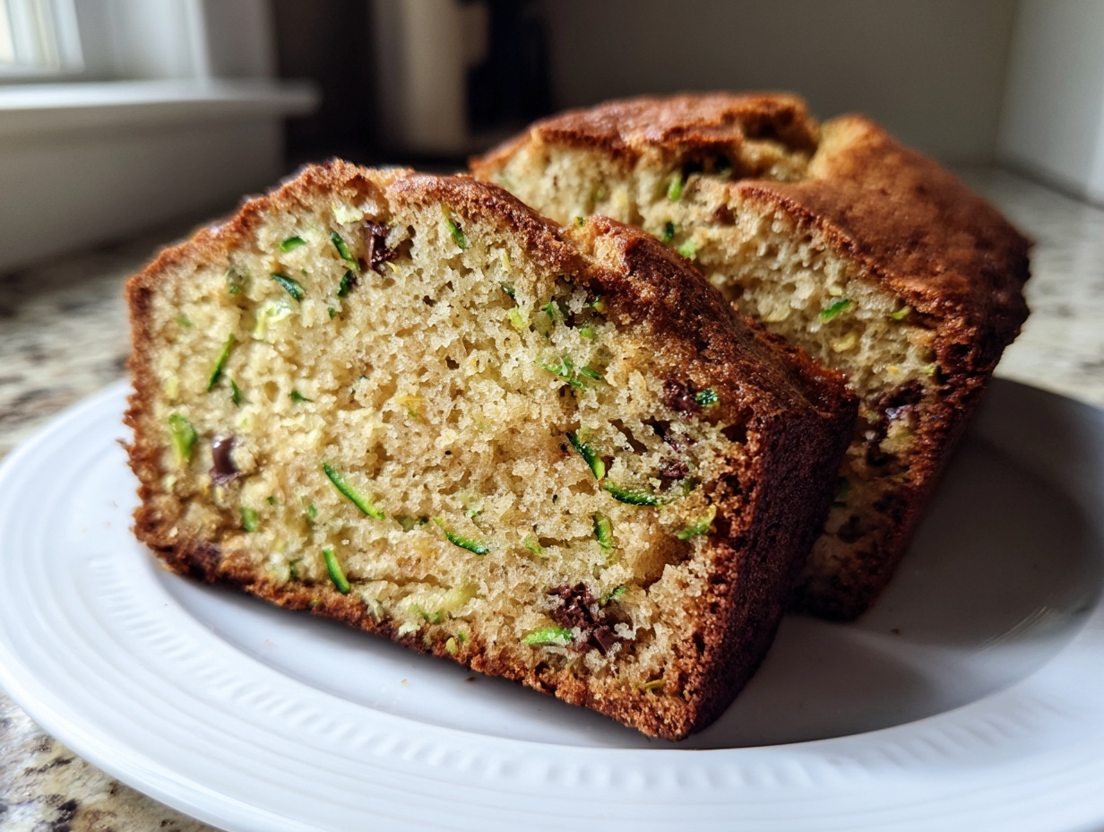 Close-up of two thick slices of moist zucchini bread showing green shreds of zucchini and chocolate chips.