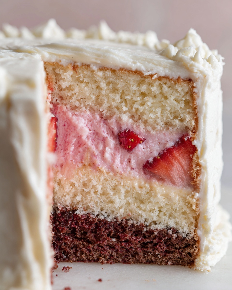 Close-up cross-section of a stunning Neapolitan cake showing vanilla, strawberry mousse, and chocolate layers.