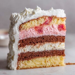 Close-up of a slice of Neapolitan cake showing distinct vanilla, strawberry, and chocolate layers.