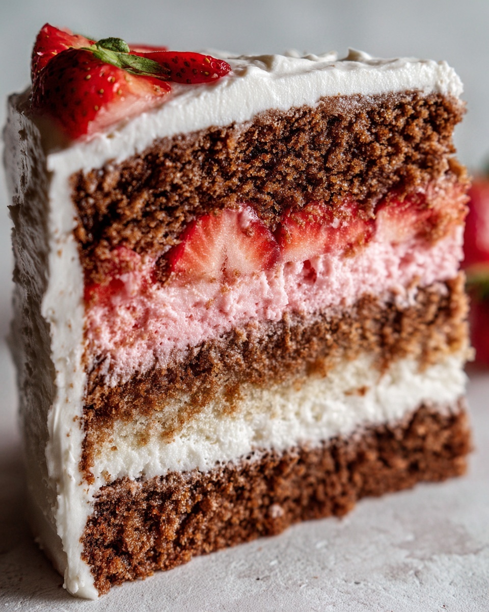 Close-up of a slice of neapolitan cake showing chocolate, vanilla, and strawberry layers, topped with fresh strawberries.