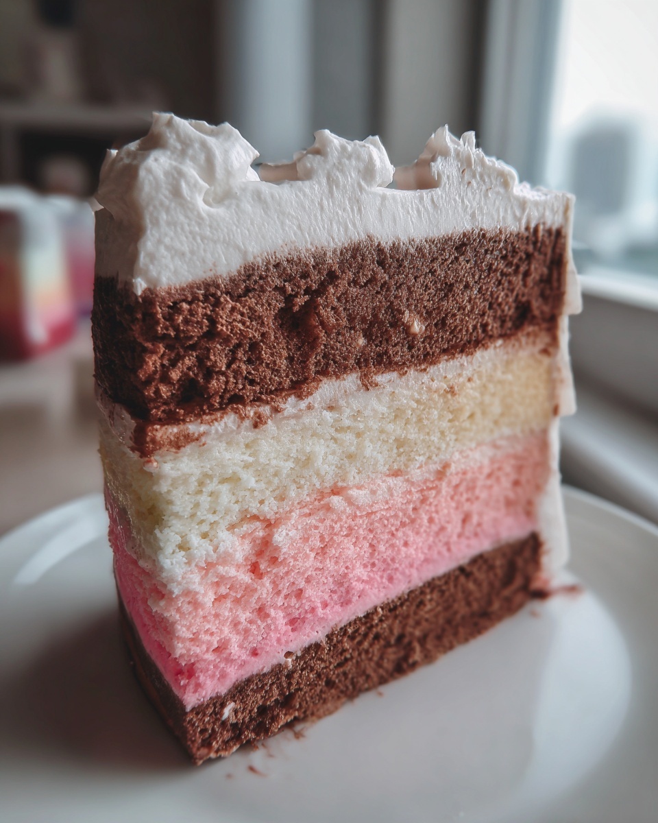A close-up of a slice of neapolitan cake showing distinct chocolate, vanilla, and strawberry layers with white frosting.