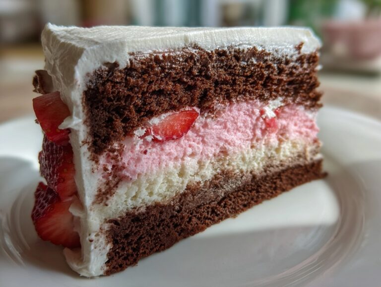 Close-up of a slice of neapolitan cake showing chocolate, vanilla, and strawberry layers with fresh strawberries.
