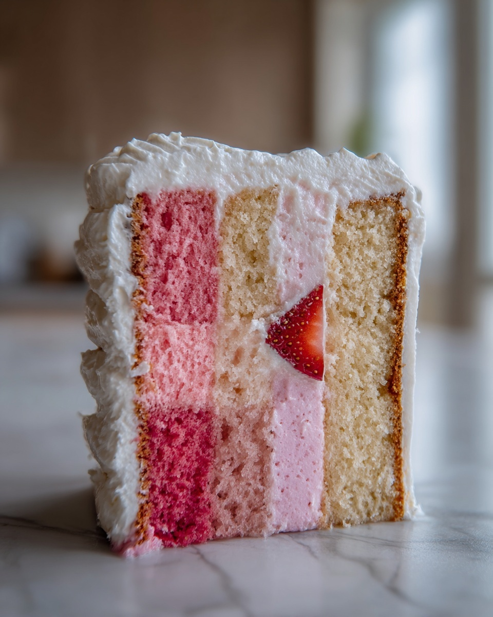 Close-up of a slice of neapolitan cake showing pink, white, and vanilla layers, topped with white frosting and a strawberry piece.